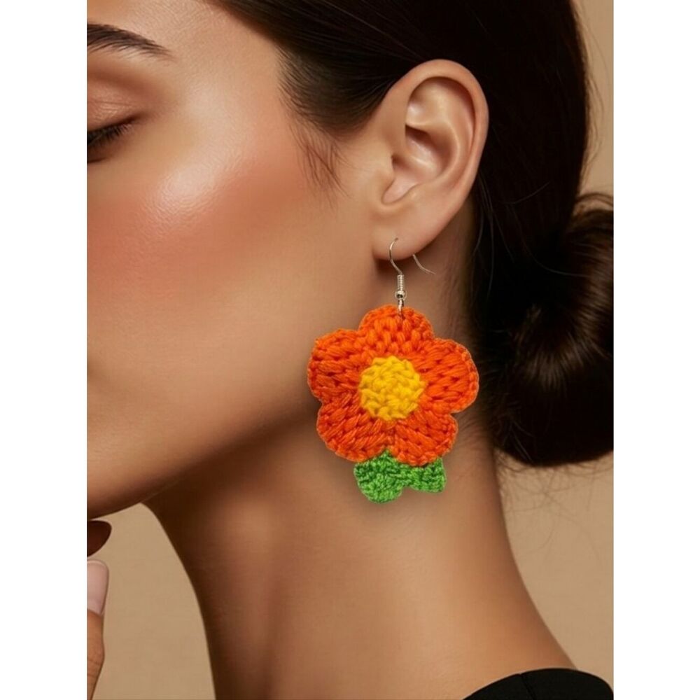Crochet Orange Flower Dangle Earrings Bright Boho Statement Artisan Handmade